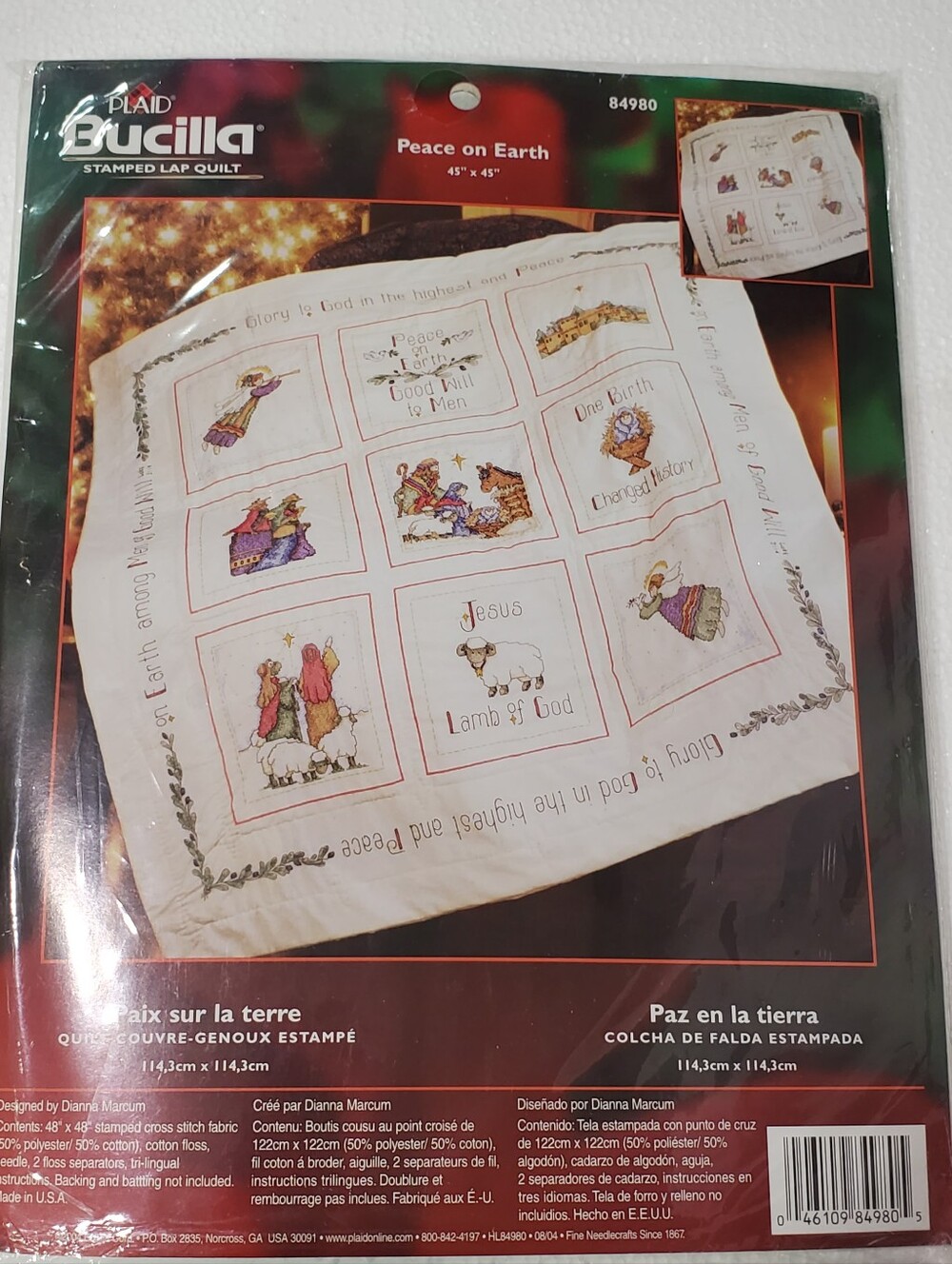Bucilla Peace On Earth Stamped Lap Quilt Kit 45"x45" Cross Stitch DIY Nativity D